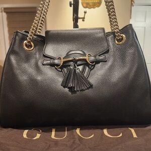 New Gucci Black Leather Emily Shoulder Bag Crossbody Bright Brass Nwt & Duster
